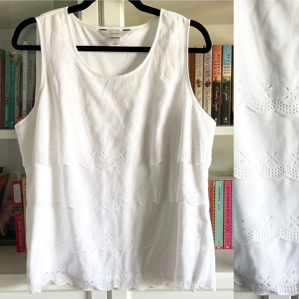 C.J. Banks Perforated Lace Layered Scalloped Sleeveless Blouse